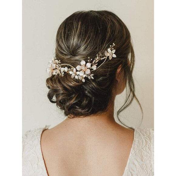 Gold Bridal Headpiece Pearl Crystal Flower Hair Vine for Weddings and Formal Eve
